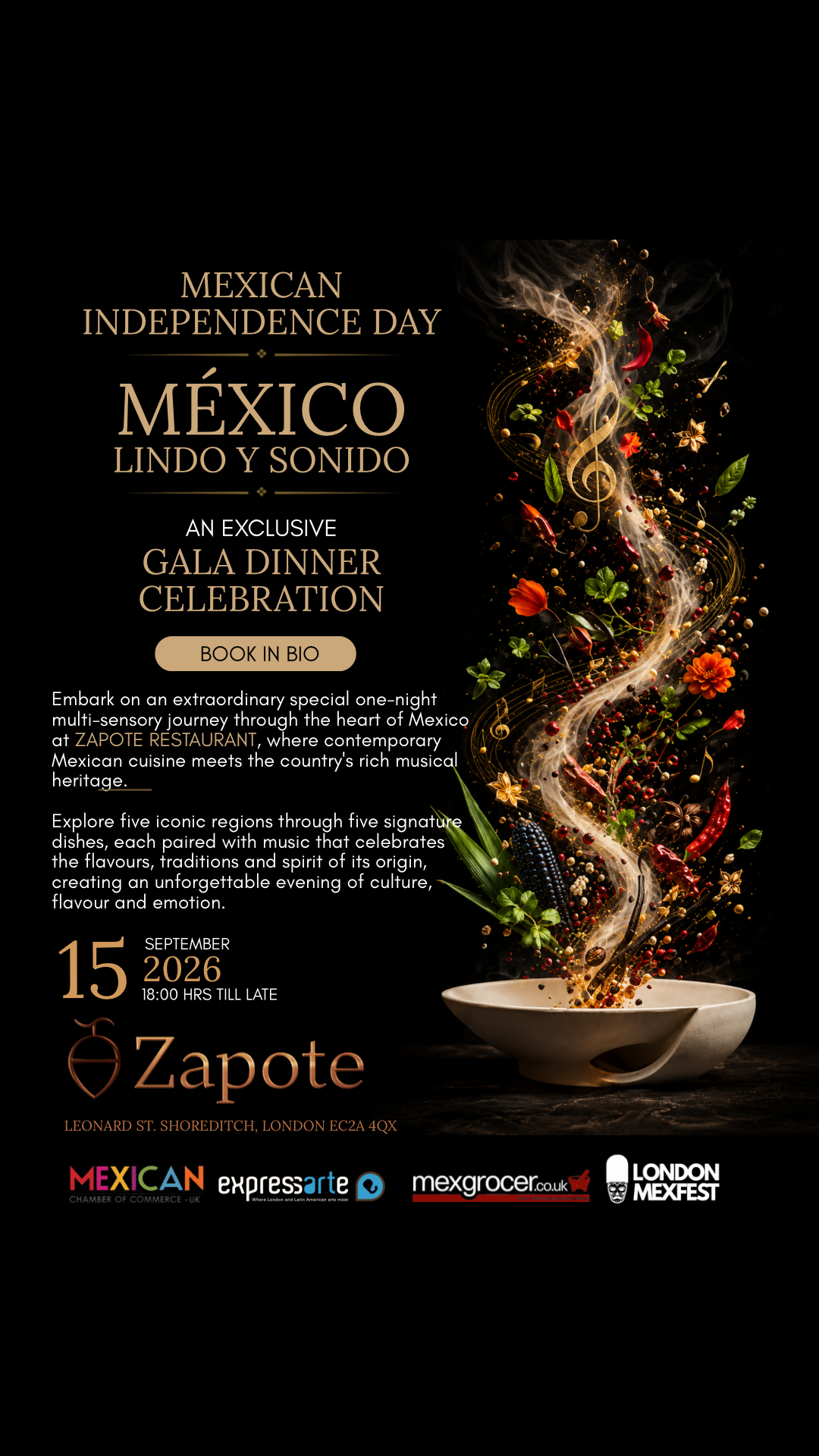 Mexican Independence Day gala dinner at Zapote on 15 September 2026
